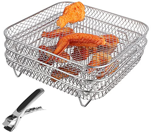 GOOHOCHY Stackable 3pcs Stainless Steel Square Air Fryer Racks Mesh Dehydrator and Tong, Multi-Layer Food Drying Rack Compatible Oven and Air Fryer, Sturdy Metal Cooking Accessories for Kitchen
