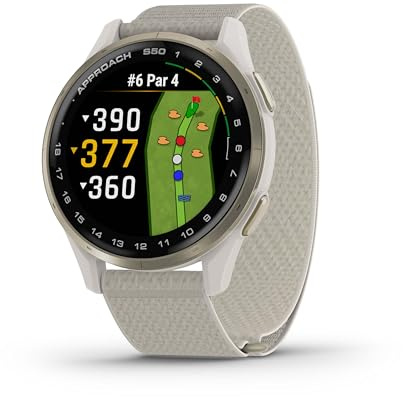 Garmin Approach® S50, Advanced Golf GPS Smartwatch, AMOLED Display, On-Course Features, Wrist-Based Heart Rate, Cream Gold Aluminum Bezel with Ivory ComfortFit Nylon Band