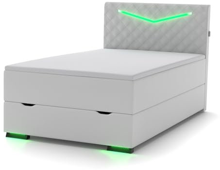 wonello Dacota Boxspringbett 120x200 mit Bettkasten in Weiß I LED Beleuchtung und USB Anschlüssen I Design Bett für Jugendliche und Erwachsene I Stauraumbett mit Matratze und Topper