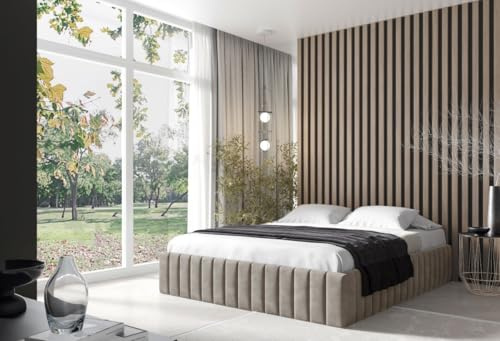 Bett Prato T10, 180x200 cm, Metallrahmen, Kopfteil, Grau-Beige | Polsterbett mit Bettkasten, Designerbett mit Lattenrost