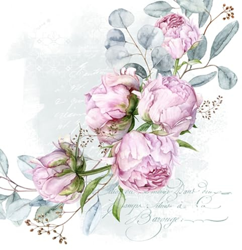 ti-flair Servietten Papier 33x33cm 3-lagig 20 Stück - hochwertig & nachhaltig - Einweg Hochzeitsservietten - Papierservietten für Hochzeit Gastronomie Alltag - Pfingstrosen mit Eukalyptus