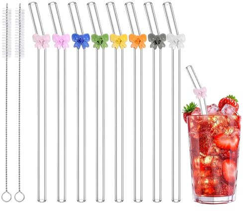 8 Pcs Glass Straws with 2 Cleaning Brushes, Cute Colorful Bow Glass Straws Shatter Resistant, Reusable Straws for Coffee, Cocktail, Milkshake, Smoothies, Juice, Aesthetic Gift