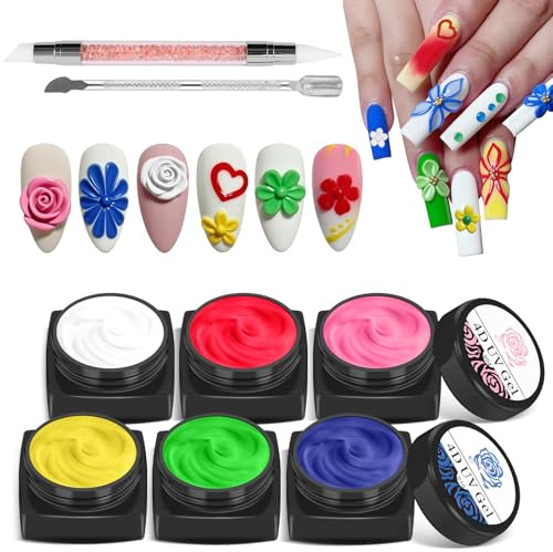 EBANKU Sculpture Carved Nail Gel Set, 6 Color 3D Nail Carved Gel Nail Polish with 1pcs Nail Art Sculpture Pen, 1pcs Double-ended Nail Cuticle Pusher Cutter and a Nail Carving Brush