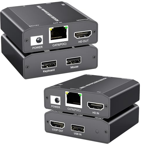YOUTINGHDAV HDMI USB KVM Extender, KVM USB HDMI Extender over Ethernet via CAT5/6/7, 150M/500FT, 1080P@60Hz, Plug and Play, Loop Out, POE, Lossless Latency, Power Adapter, Wired Remote