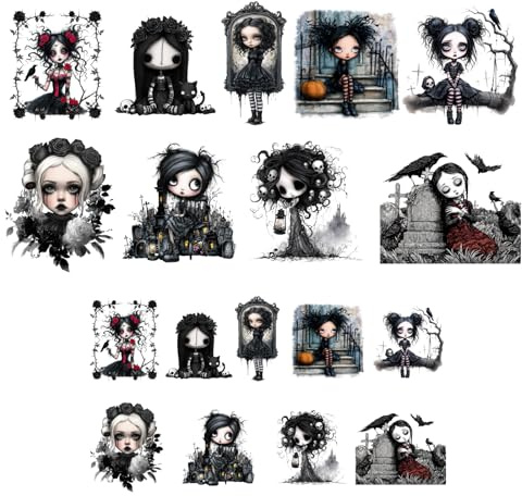 CRAFTYMELODY 18Pcs Gothic Theme Iron on Transfer 9 Style DTF Ready to Press Vinyl Iron on Patch Decal Halloween Applique Costume Accessories for T-Shirts Jacket Pant Clothes Bag DIY Fabric Decor