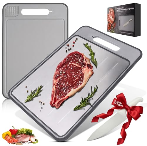 Tabla Descongelación Rápida, Tabla para Descongelar Alimentos (4 en 1) Descongelar, Cortar, Rallar, Afilador de Cuchillos, Tabla Descongelante, Bandeja De Descongelación Rápida (Incluye Cuchillo)