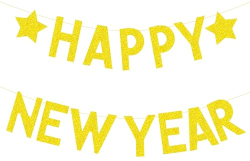 Happy New Year Girlande Gold, Silvester Deko 2026 Neujahrs Dekoration Girlande Banner, Glitzer Neujahr Silvesterdeko Banner, für Neujahr Eve Silvester Party Zubehör Indoor und Outdoor