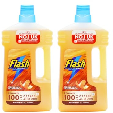 2 x 1000ml Flash Liquid Delicate WOOD Multi Surface All-Purpose Wood Surface Cleaner with ORANGE Peel Oil- PH Safe on wooden floors & Best shine ever