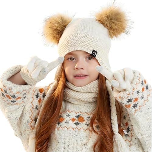 YJZQ Set Bonnet à Oreillettes Ensemble Gants et Snood Enfant Mignon à 2 Pompons - Noël écharpe Tricot Peluche Chaud et Sûr pour Filles Garçons 4-10ans