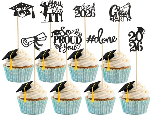 24 Stück Abschluss Tortendeko 2026, 8 Stile, Glitzer, Schwarz | Cupcake Topper, So Proud of You/You Did It/Grad PARTY, für 2026 Graduation Deko, für Abschluss Party