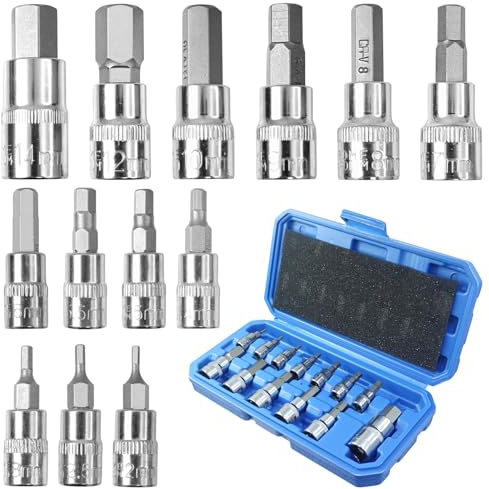 XNJIHWA 13Pcs Allen Socket Kit Hex Bit Sockets Metric 2mm-14mm Hexagon Socket Sets with Storage Box,1/2 3/8 1/4 Inch Drive for Torque Wrench,Ratchet Wrench