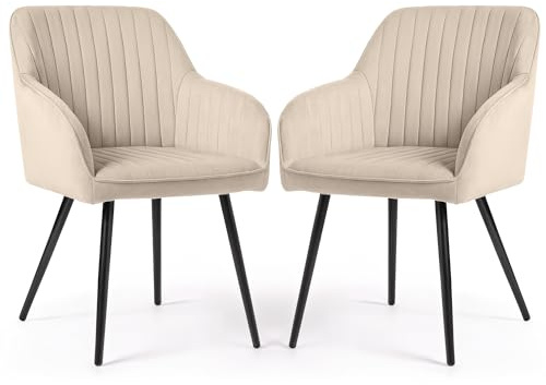 AKORD 2er Set Velours Esszimmerstühle mit Ziernähten Florence, Gepolstert mit Armlehnen, Schwarzen Metallbeinen, Polsterstühle für Küche & Esszimmer, 58 x 54,5 x 82 cm, Beige