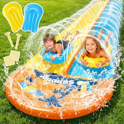 JONRRYIN 950cm Wasserrutsche, Extra Lange Doppel Garten Wasserrutsche mit 2 Aufblasbare Boards 1.55m Doppelte Rasenwasserrutsche für Sommerpartys, Garten, Rasen und Außen Wasserspiele
