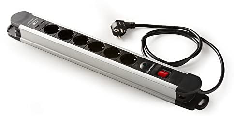 FAMATEL – Regleta aluminio 6 tomas y 2 USB | Enchufes con Interruptor Luminoso | 1,5 Metros | Hasta 3680W | Protección Infantil | Orientación tomas a 45º | Evita consumos fantasma | Negro