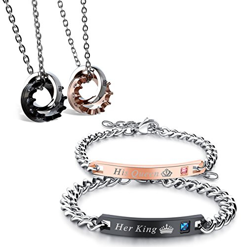 Flongo Paar-Schmuckset Partner Armbänder + Partner Halsketten Paar Geschenke Edelstahl-Halskette und -Armband mit Gravur Halskette mit Ring Geschenke für Jahrestage, Valentinstage, Geburtstage