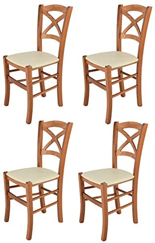 Tommychairs - 4er Set Stühle CROSS für Küche und Esszimmer, Robuste Struktur aus lackiertem Buchenholz im Farbton Kirschholz und gepolsterte Sitzfläche mit Kunstleder in der Farbe Elfenbein bezogen