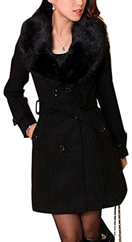 ClairSue Damen Wintermantel Wollmantel Mit Faux Pelz Kragen Parka Herbstjacke Elegant Zweireihiger Trenchcoat Lang Mantel Übergangsjacke Dufflecoat Outwear Mit Gürtel (DE 42, Schwarz)