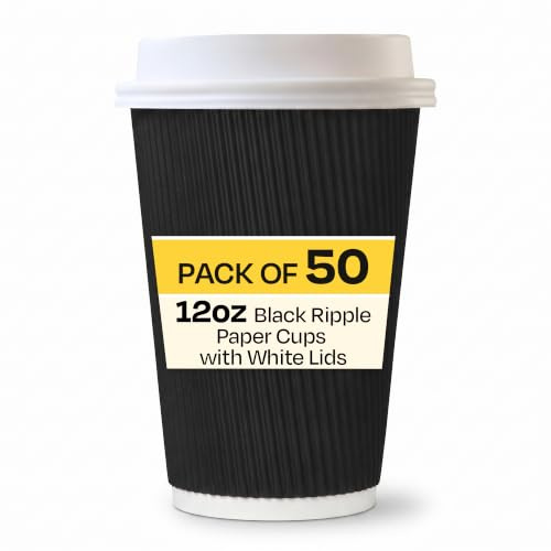 We Can Source It Ltd – 12oz Disposable Black Ripple Paper Cups with White Lids – Insulated Black Paper Cups with 3 Ply Construction – for Tea, Coffee, Hot Drinks– 50Pc