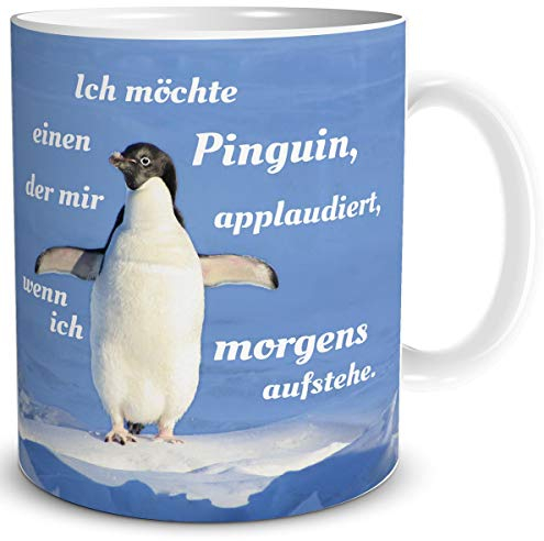 TRIOSK Tasse Pinguin applaudiert mit Spruch lustig Morgenmuffel Geschenk für Arbeit Büro Frauen Freundin Kollegin Pinguinliebhaber, Keramik 300ml