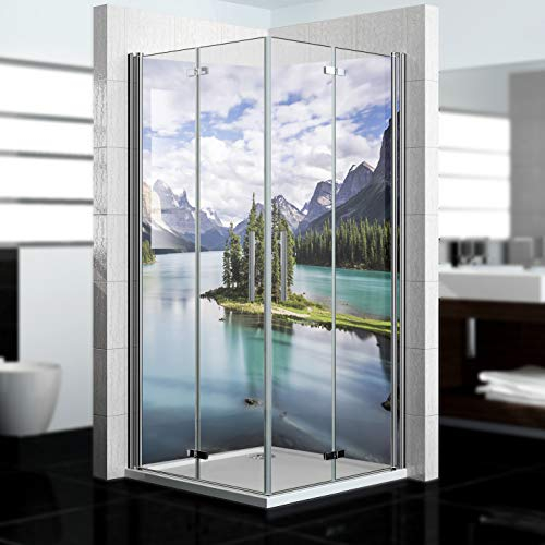 dedeco Alu Eck-Duschrückwand mit Berge V2 Motiv - 2 x 90x200 cm - Perfekt als Badrückwand zum Fliesenersatz, passend für viele Bäder - Made in Germany