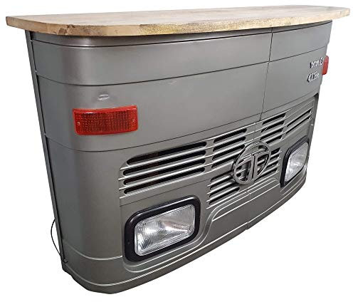 Theke Tata klein in silber LKW Front - Tresen mit Beleuchtung - Verkaufstheke im Vintage Look für Rezeption oder Empfang - Empfangstresen aus Metall und Holz - Empfangstisch im LKW-Design Bartisch