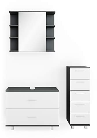 Vicco Badmöbel-Set Ilias, Anthrazit/Weiß, 3 Teile, mit Unterschrank 80 cm