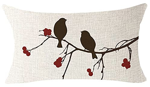 ITFRO Hand-Painted Oil Painting Rustic Forest Wildlife Birds Peach Tree Branches Waist Lumbar Cotton Linen Throw Pillow Cover Cushion Case Oblong 12x20 Inches (Beige)