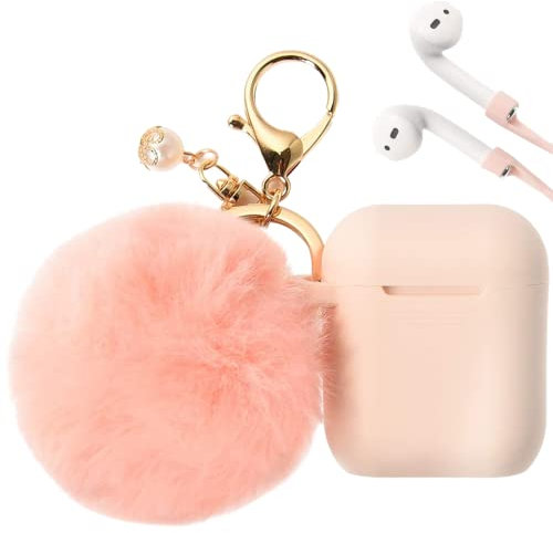 PERSONALLY YOURZ Airpods Case Cover, For Apple Airpod 2 & 1 Generation Silicone Shockproof Protective Airpod Case【Front LED Visible, Support Wireless Charging】With Keyring & Fluffy Pompom - BABY PINK