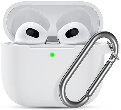 Ouwegaga Funda para Airpods 3, Fundas Protectora de Silicona para AirPods 3 Case, LED Frontal Visible Funda Accesorios Compatible con Apple AirPods 3.ª Generación (2021), con Llavero,Blanco