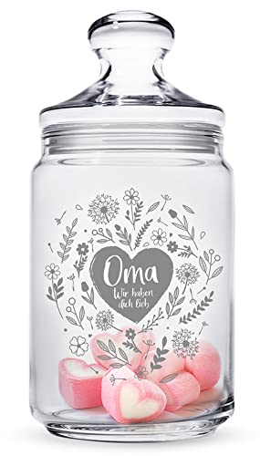 Bonbonglas mit Gravur für Oma, Vorratsglas für Süßigkeiten mit Blumenherz, Candy Bar Glasbehälter mit Deckel, Vintage Aufbewahrungsglas für die Küche, Geschenk für Frauen, Luftdichtes Dekoglas