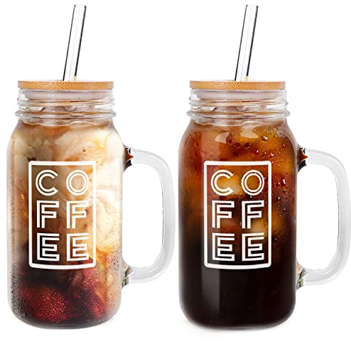 ANOTION Mason Jar Iced Coffee Cup with Lid and Straw, 24oz Regular Mouth Mason Jars with Handle Glass Coffee Drinking Glasses Tumbler Reusable Cups Bottles for Iced Coffee Cups for Travel Office Home