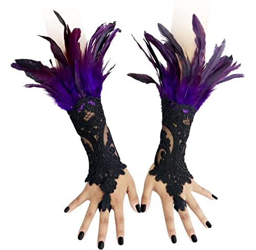 CAMDOM Steampunk Federmanschette Handschuhe Vintage Spitze fingerlose Armkette, violett, One size