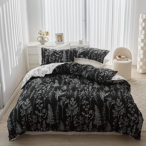 WUMIUER Bettwäsche 200x200 Set 3 Teilig, Schwarz Weiß Pflanze Botanisch Wendebettwäsche Mikrofaser Bettdecke Cover, 1 Bettbezug 200x200cm und 2 Kopfkissenbezüge 80x80cm mit Reißverschluss