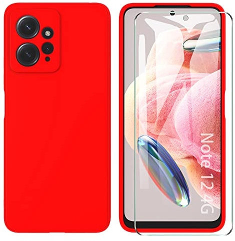 ARRYNN Custodia per Xiaomi Redmi Note 12 4G Cover + Pellicola Protettiva Vetro Temperato,Liquid Silicone TPU Case Cover per Xiaomi Redmi Note 12 4G - Rosso