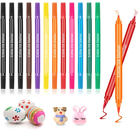 12 Stück Lebensmittelfarbe Stift, Lebensmittel Farbstifte Backen, Lebensmittel Filzstifte mit Feiner und Dicker Spitze, Schreiben Essbarer Stift für Kuchen, Fondant, Kekse, Ostereier, Macaron