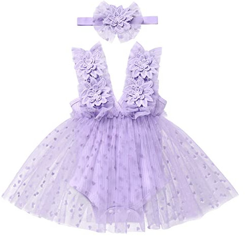 Odizli Bambina ragazza senza maniche fiore lavorato a maglia pagliaccetto vestito+fascia compleanno vestito servizio fotografico, fiore viola, 12-18 Mesi