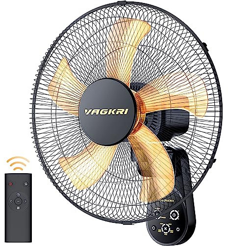 Aonella VAGKRI Ventilateur mural 16 avec 5 lames, 5 vitesses, 8 h, ventilateur oscillant à 90° avec télécommande pour maison, bureau, chambre, garage