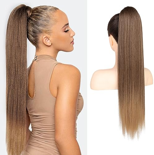 Flufymooz Ponytail Extension Pferdeschwanzverlängerung, 66 cm langer gerader Pferdeschwanz mit Kordelzug, Lockiger Pferdeschwanz Synthetisches Haarteil für Damen(Von Schokoladenbraun bis Hellbraun)