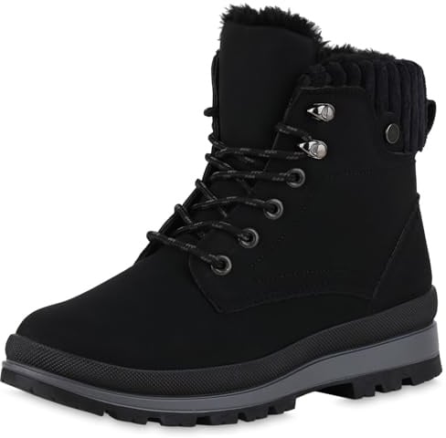 VAN HILL Damen Stiefeletten Worker Boots Warm Gefüttert mit Blockabsatz Profilsohle