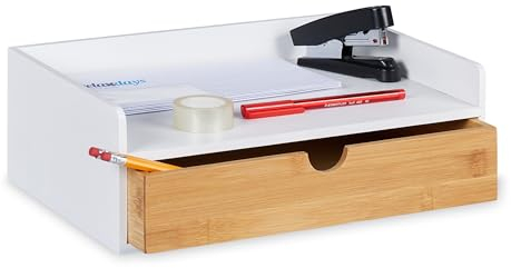 Relaxdays Schreibtisch Organizer, 1 Schublade, DIN A4 Ablage, Bambus, HxBxT: 11 x 32 x 22 cm, Büroorganizer, weiß/Natur, Faserplatte