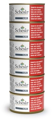 Schesir, Nassfutter für Erwachsene Katzen, Tonnet mit Garnelen, Filets und Gelatine, 100% natürlich, 6 Dosen x 85 g