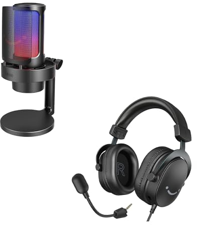FIFINE USB Mikrofon PC und Gaming Headset, RGB Microphone mit Mikrofon Ständer und Over Ear Kopfhörer mit Kabel 7.1 Surround Sound, für Podcast Streaming Studio Windows PS4 PS5 Xbox Switch (A8+H9)