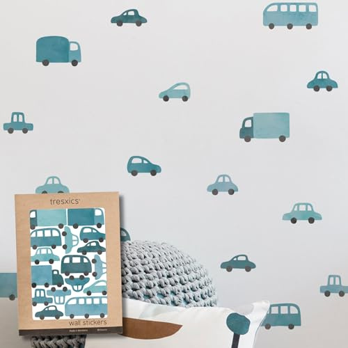TRESXICS Dekorative Wandaufkleber für Kinder, Autos und Lastwagen, 64 Stück, Vinyl, originell und langlebig, Tapeteneffekt für Kinder, einfach anzubringen und abnehmbar (blau)