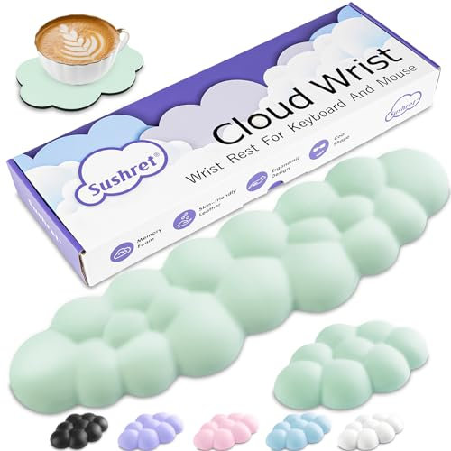 Sushret Cloud Wrist Rest Keyboard, Cloud Palm Rest Set with PU Leather Memory Foam, Cute Keyboard Rest for Wrist Support and Arm Rest, Desk Cloud Wrist Pad for PC/Gaming/Laptop/Computer-Light Green