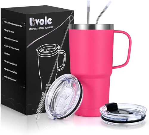 Livole 600 ml Thermal Mug with Handle, Vacuum Coffee Mug, Stainless Steel Thermal Mug with Straw and Lid, 20 oz Double-Walled Drinking Cup, Travel Mug, Coffee to Go Mug, Rose Red