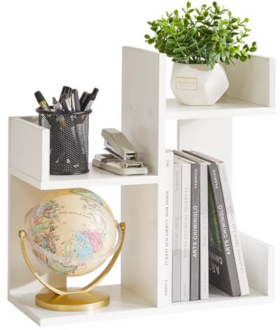 Aibiju Kleiner weißer Schreibtisch-Organizer, 2 Etagen, Baum, Kaktus, Bücherregal, Schreibtisch-Organizer, Holz, kleines Pflanzenregal, weiß, YD-DSR002W