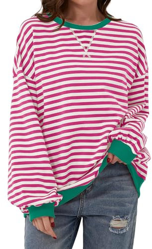 Chicrise Shirt Femme Casual Manches Longue Sweat-Shirt Rayé Col Rond Haut Grande Taille Coton Rose Moyen 38-40