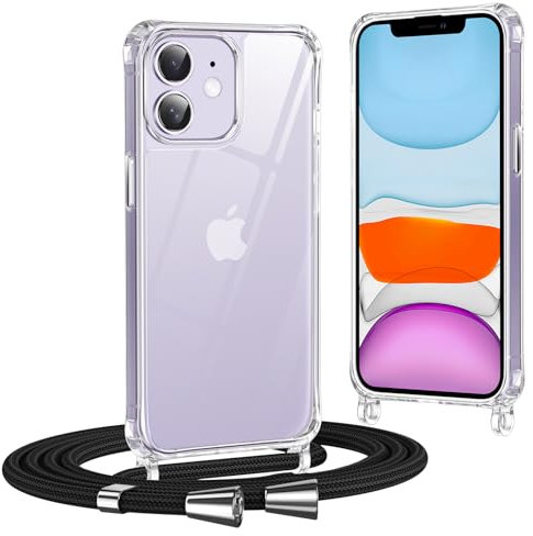 Coiwxmoi Funda con Cuerda para iPhone 11 6,1, Transparente Suave Silicona TPU & PC Dura Anti-Choque Carcasa con Correa Colgante Ajustable Collar Correa de Cuello Cadena Cordón, Negro