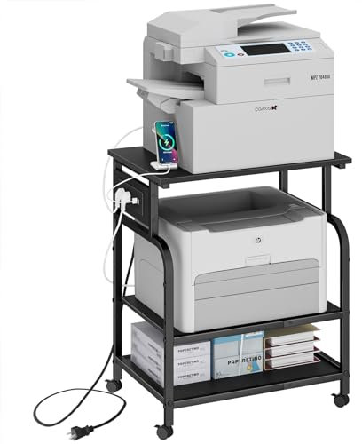 YAOHUOO 3 Tier Large Printer Stand with Power Outlet/Adjustable Storage Shelf, Rolling Cart with Wheels, Table for Home Office 3D/Heat Press/Laser Printer, Black