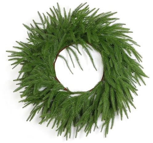 Dremisland 60cm Corona di Natale per Porta Pino di Norfolk Corona di Abete Ghirlanda Natalizia Artificiale Verde Corona Ghirlanda dell'avvento per Porta Decorazione Natalizia